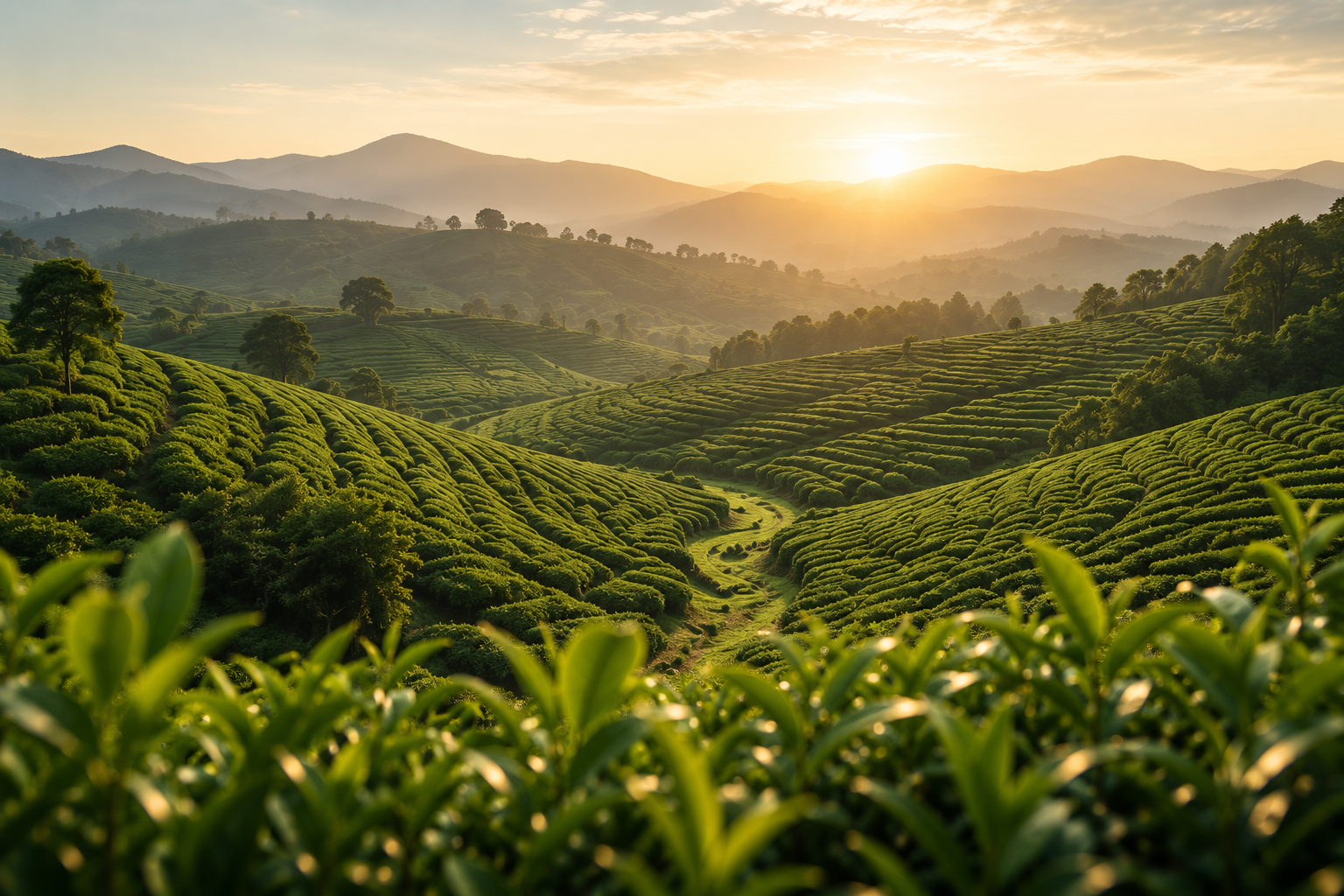 Tea fields at golden hour